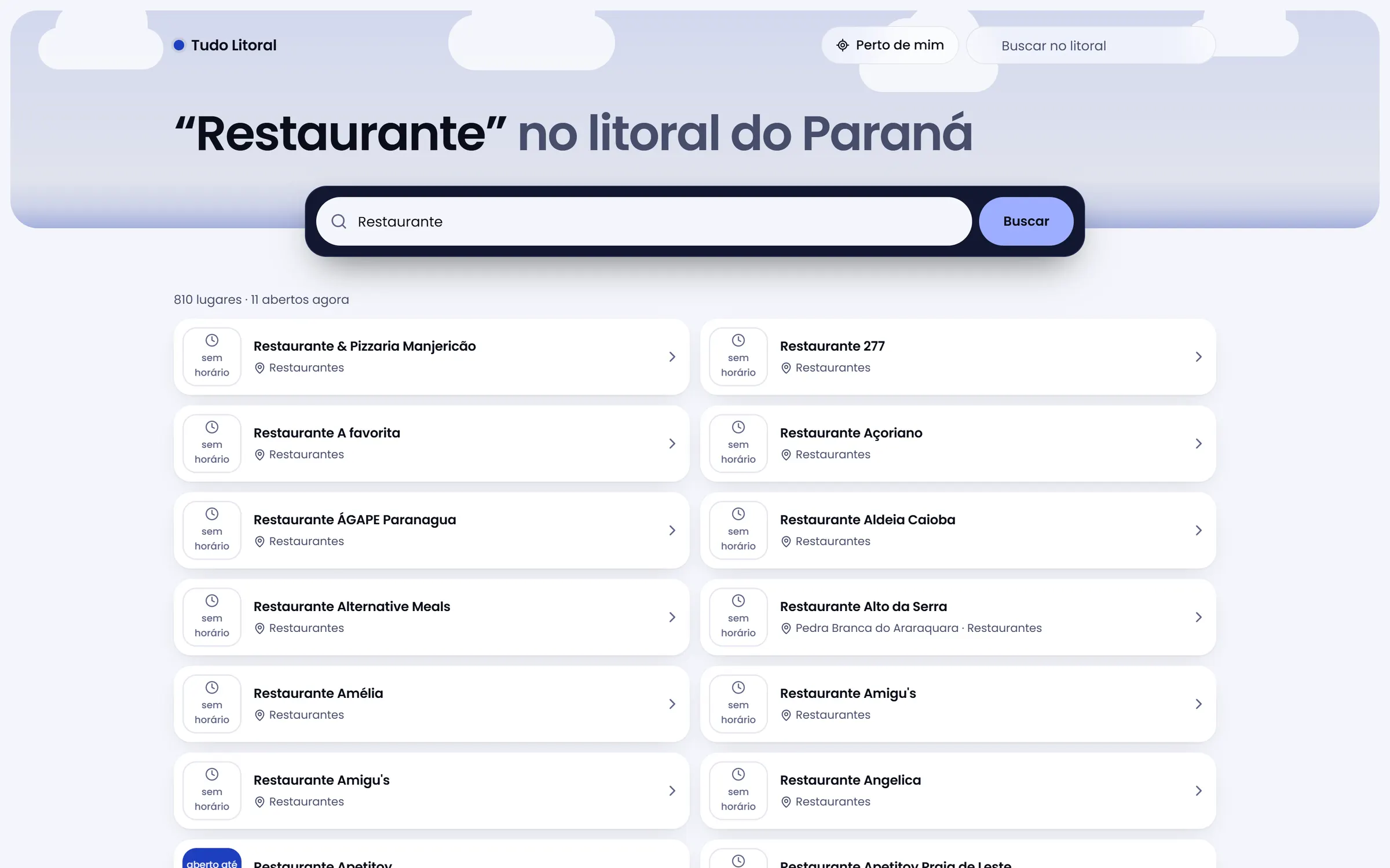 Resultado de busca por restaurante, com distância e situação de cada lugar
