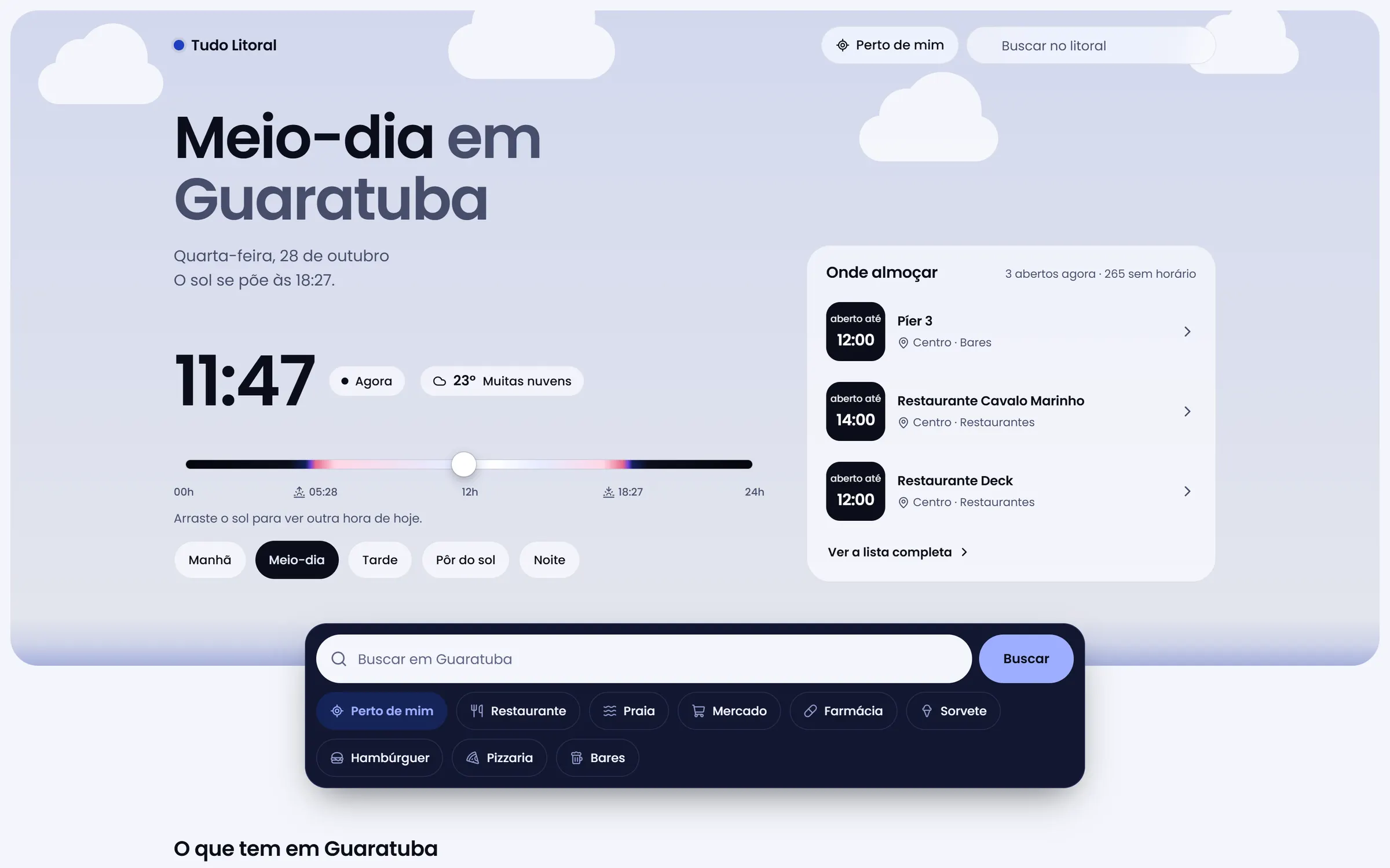 Página de Guaratuba, com as seções de praias, restaurantes e mar da cidade