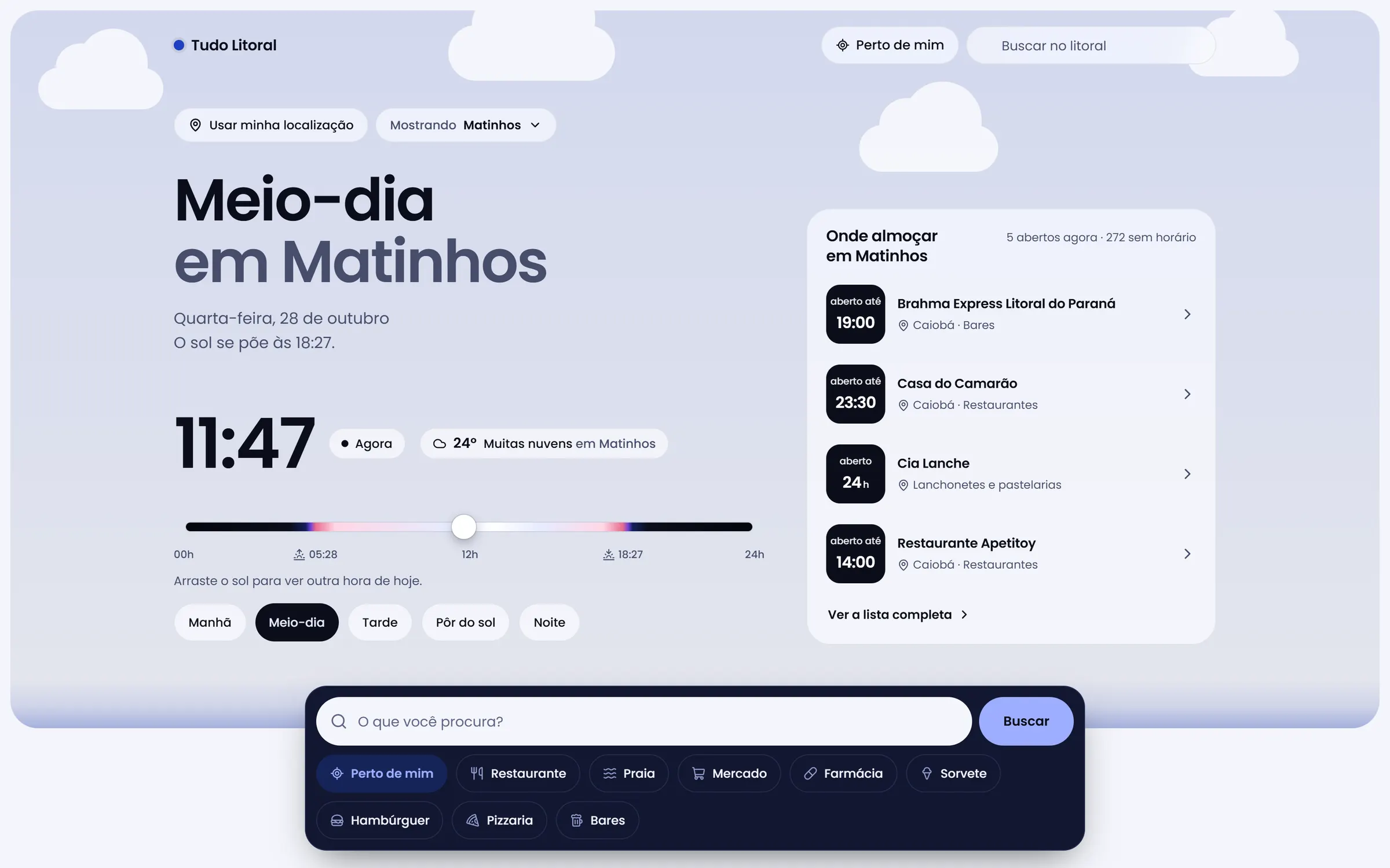 Home do Tudo Litoral ao meio-dia: céu claro, relógio marcando 11:47, seletor de sol e a lista de onde almoçar em Matinhos