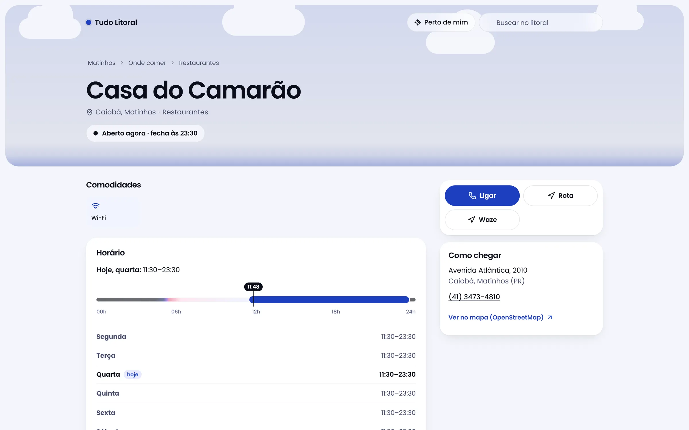 Página de um restaurante, com horário, telefone, rota e localização