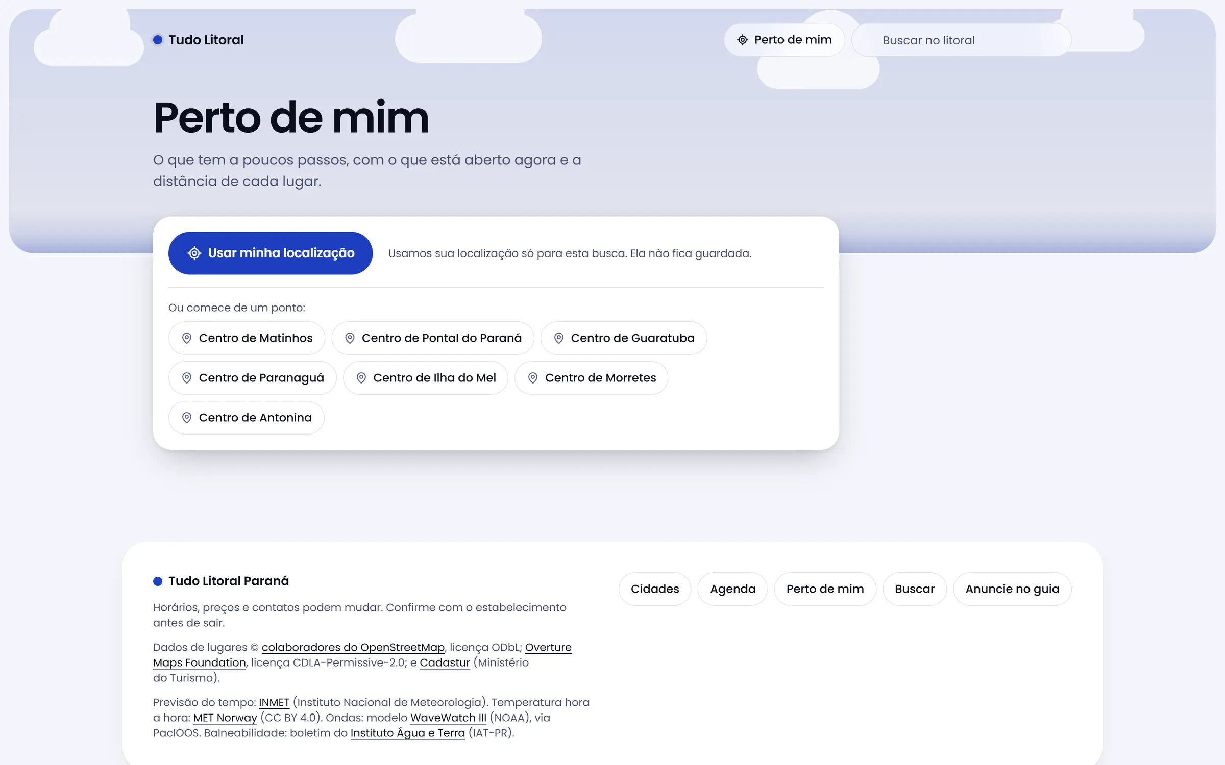 Tela do Perto de mim, com lugares ordenados por distância