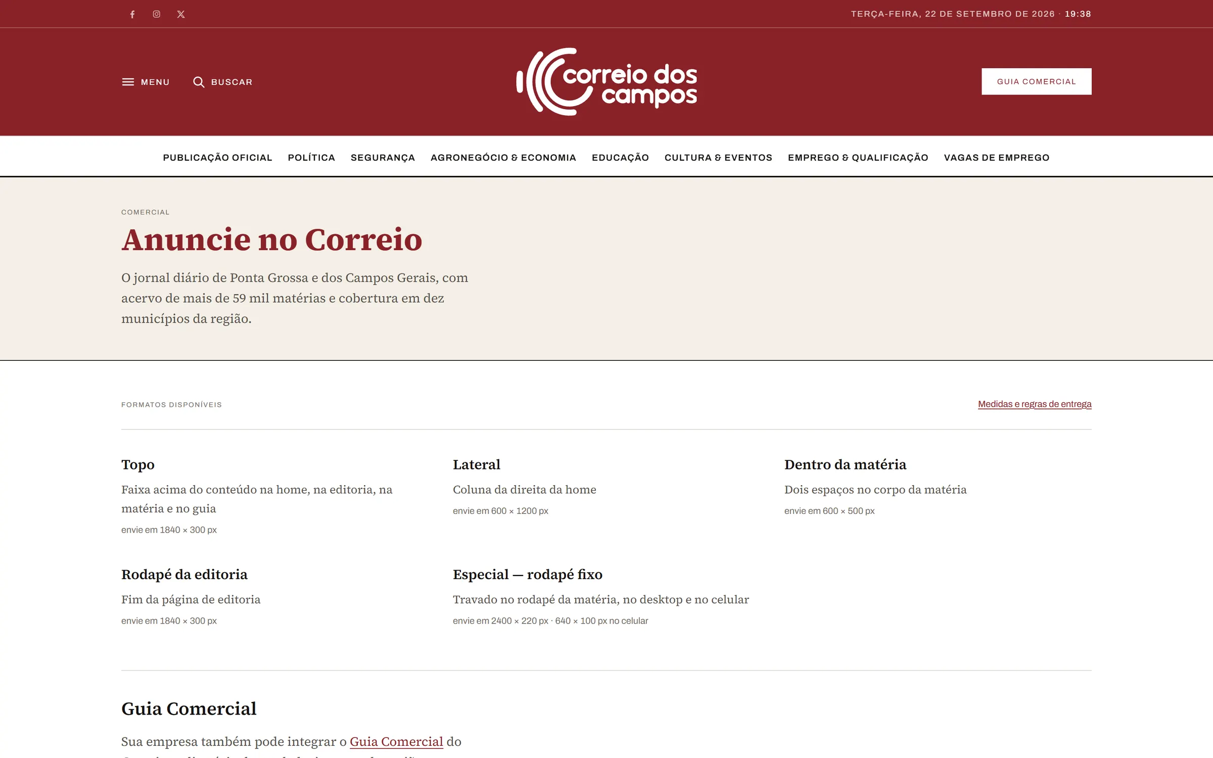 Página Anuncie, com os formatos disponíveis