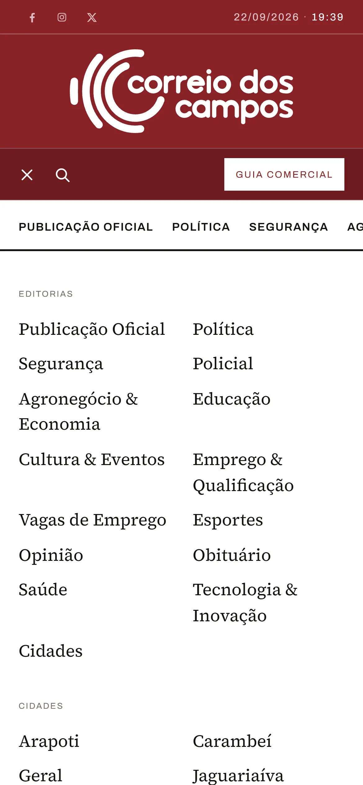 Menu de navegação aberto no celular