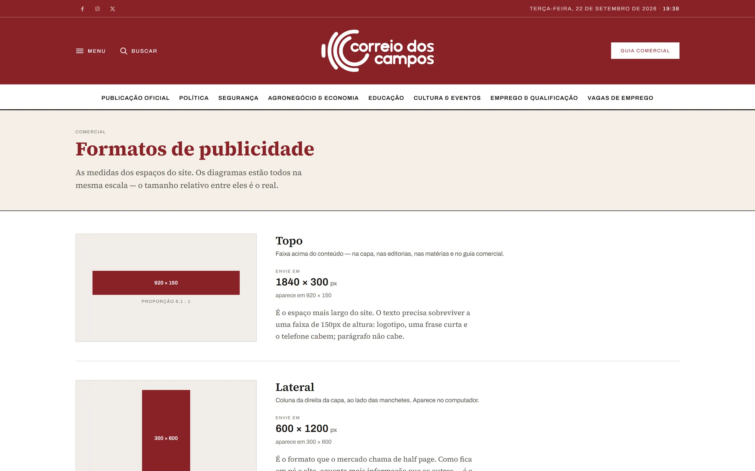 Tabela de formatos de anúncio com diagramas em escala