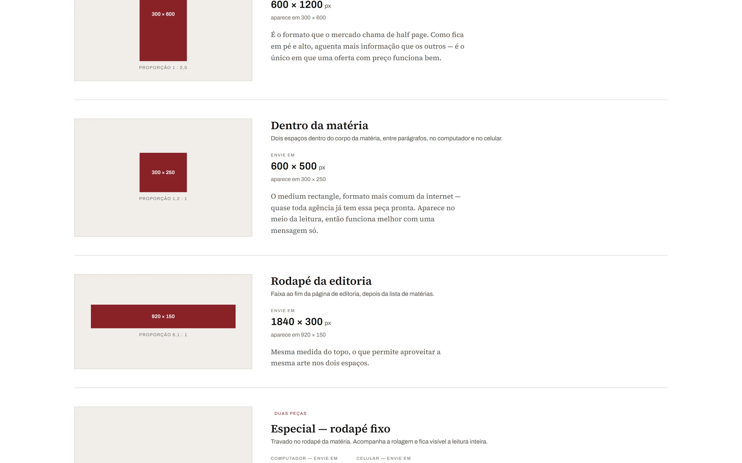 Detalhe de um formato de anúncio, com a medida de envio em dobro