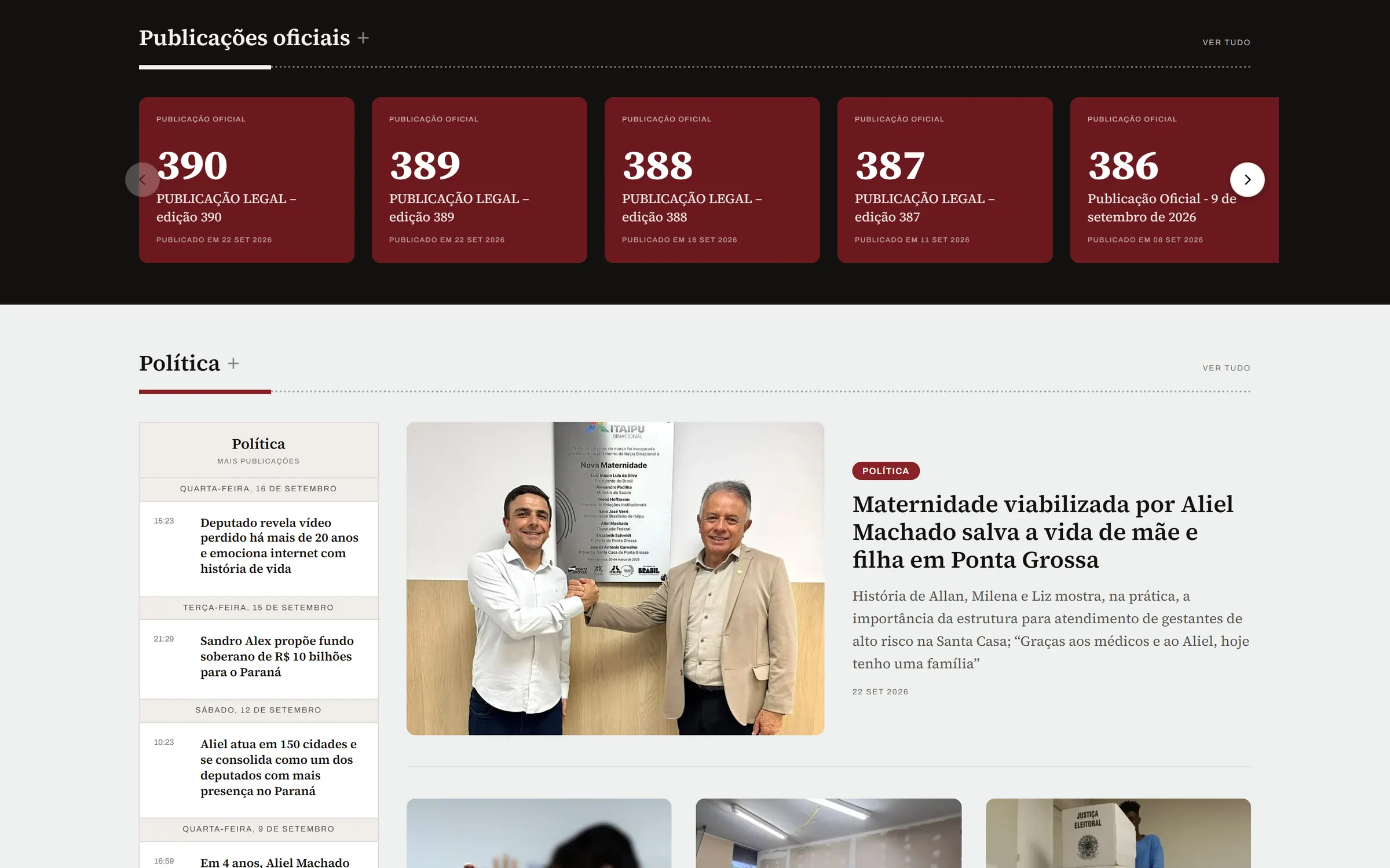 Seções de serviço da home: publicações oficiais e vagas de emprego
