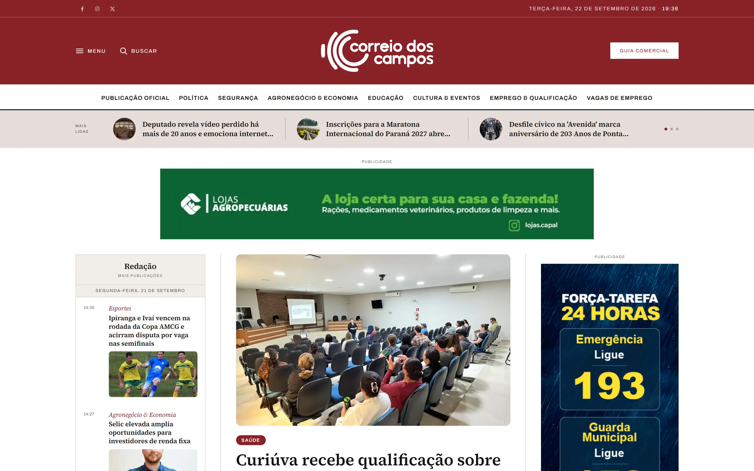 Home do Correio dos Campos: barra de data e hora, logotipo, menu de editorias, mais lidas e a matéria de abertura