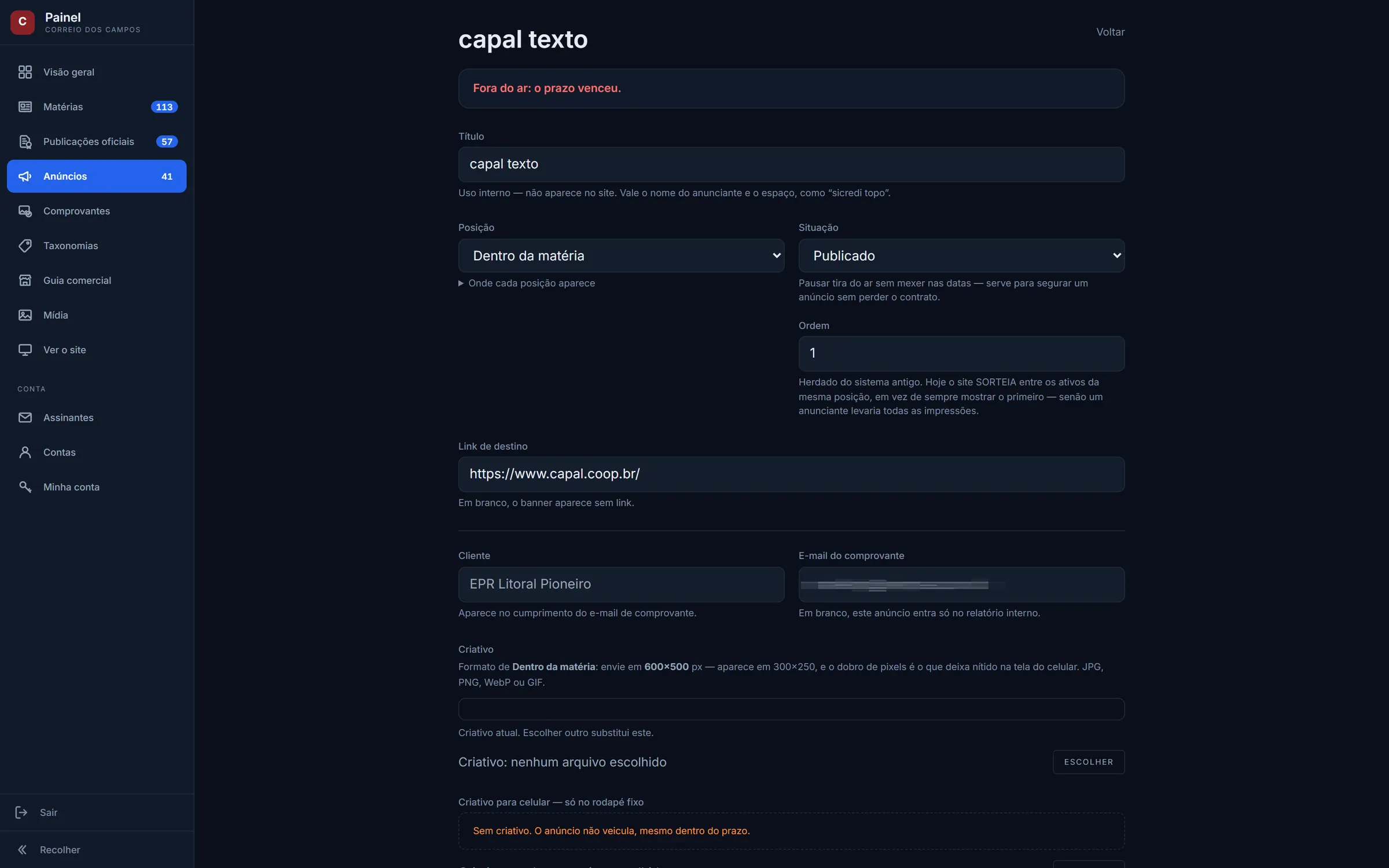 Editor de anúncio no painel, com posição, situação, criativo e cliente