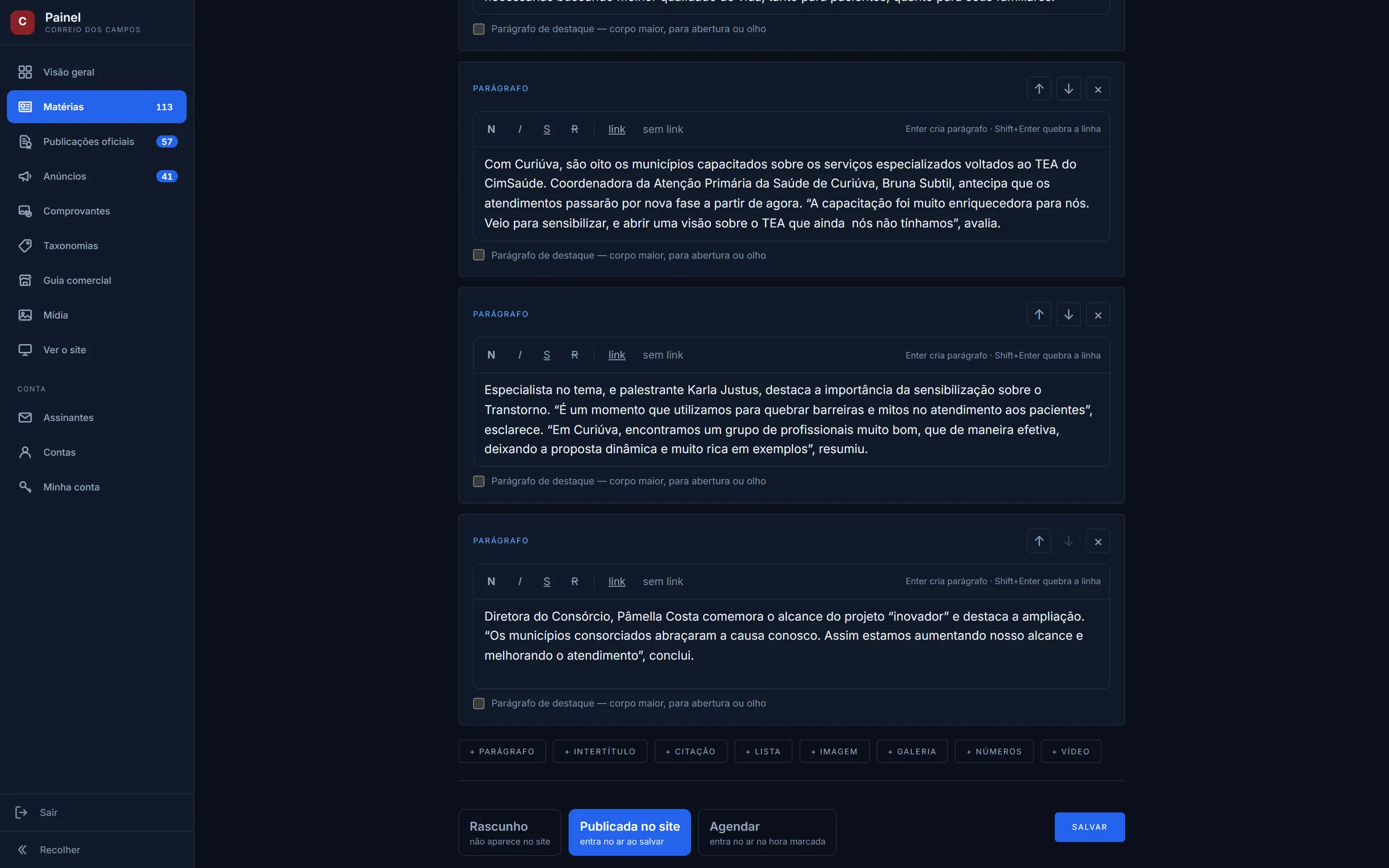 Editor de matéria mostrando taxonomias, agendamento e publicação