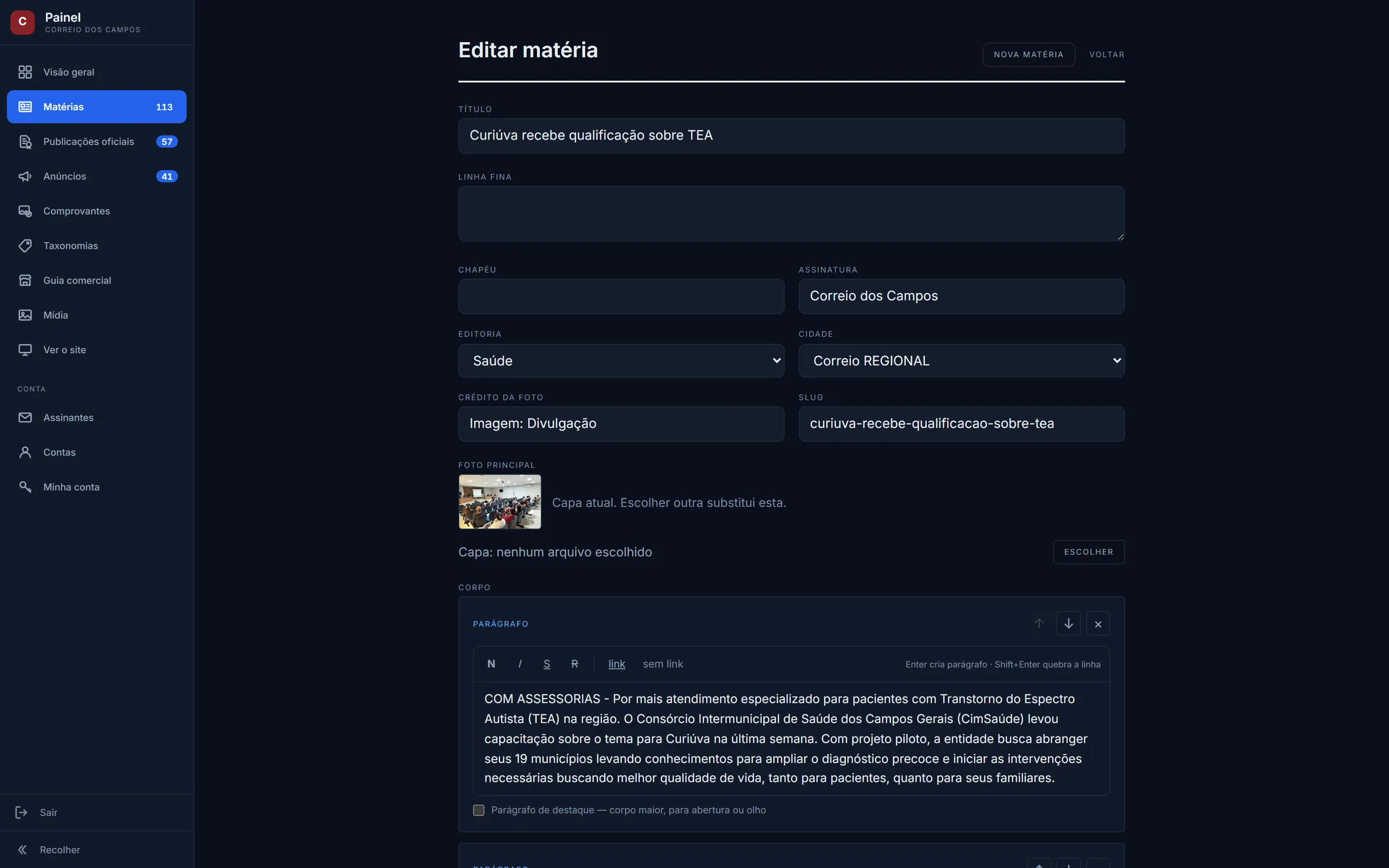 Editor de matéria no painel