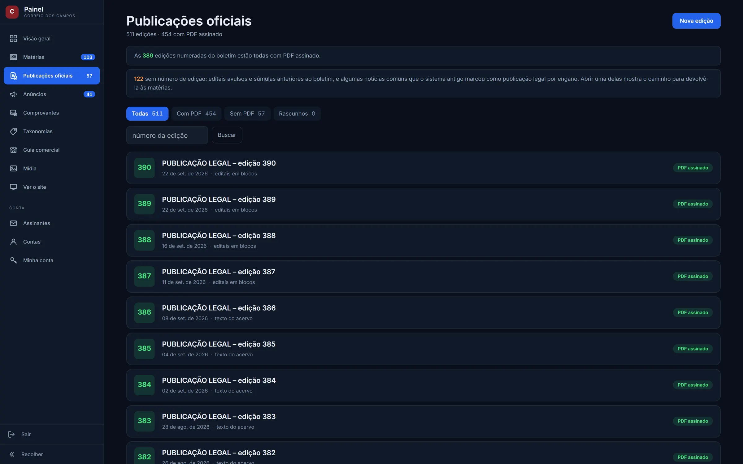 Listagem das publicações legais no painel, marcando quais têm PDF assinado