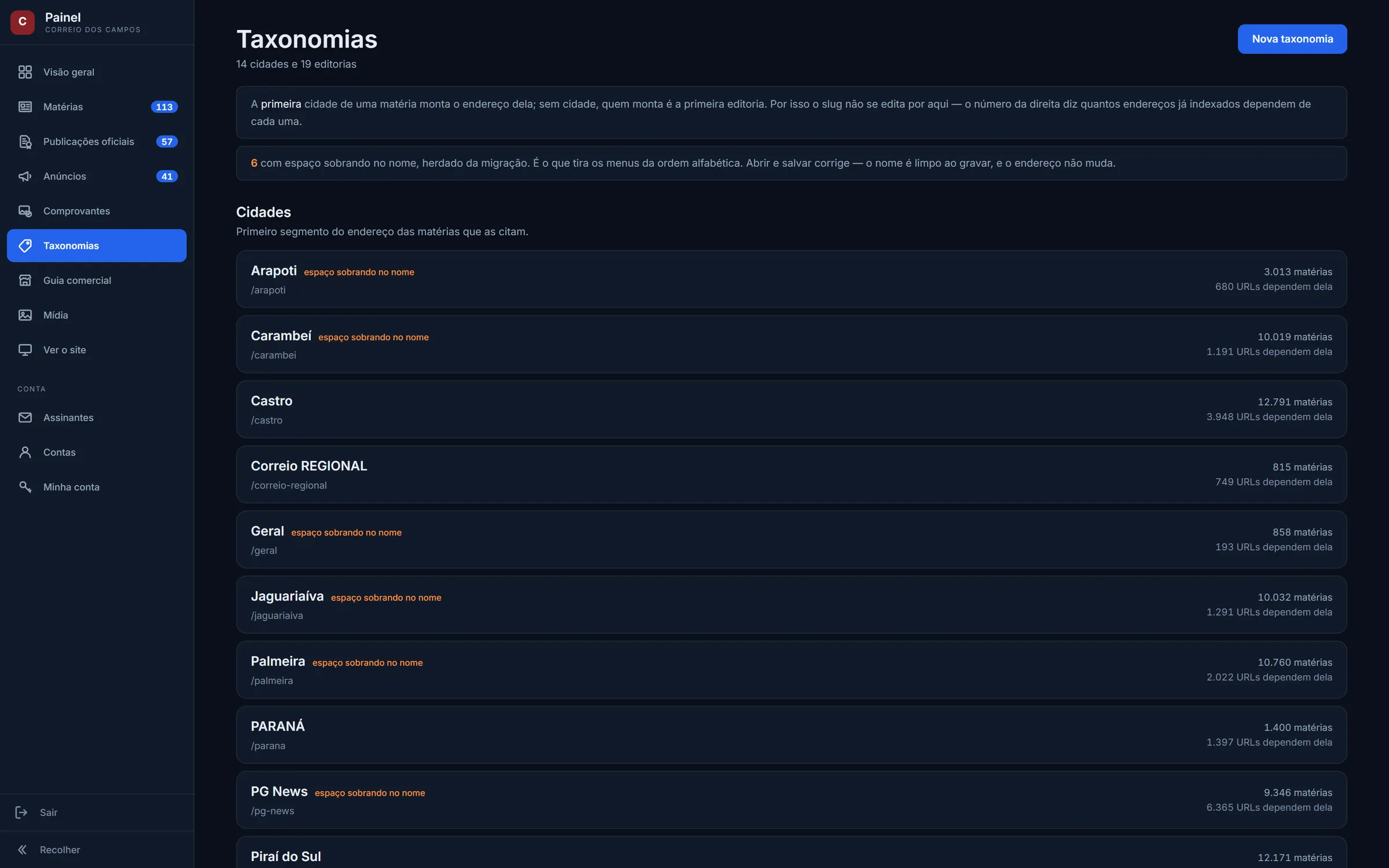 Tela de taxonomias, com cidades e editorias