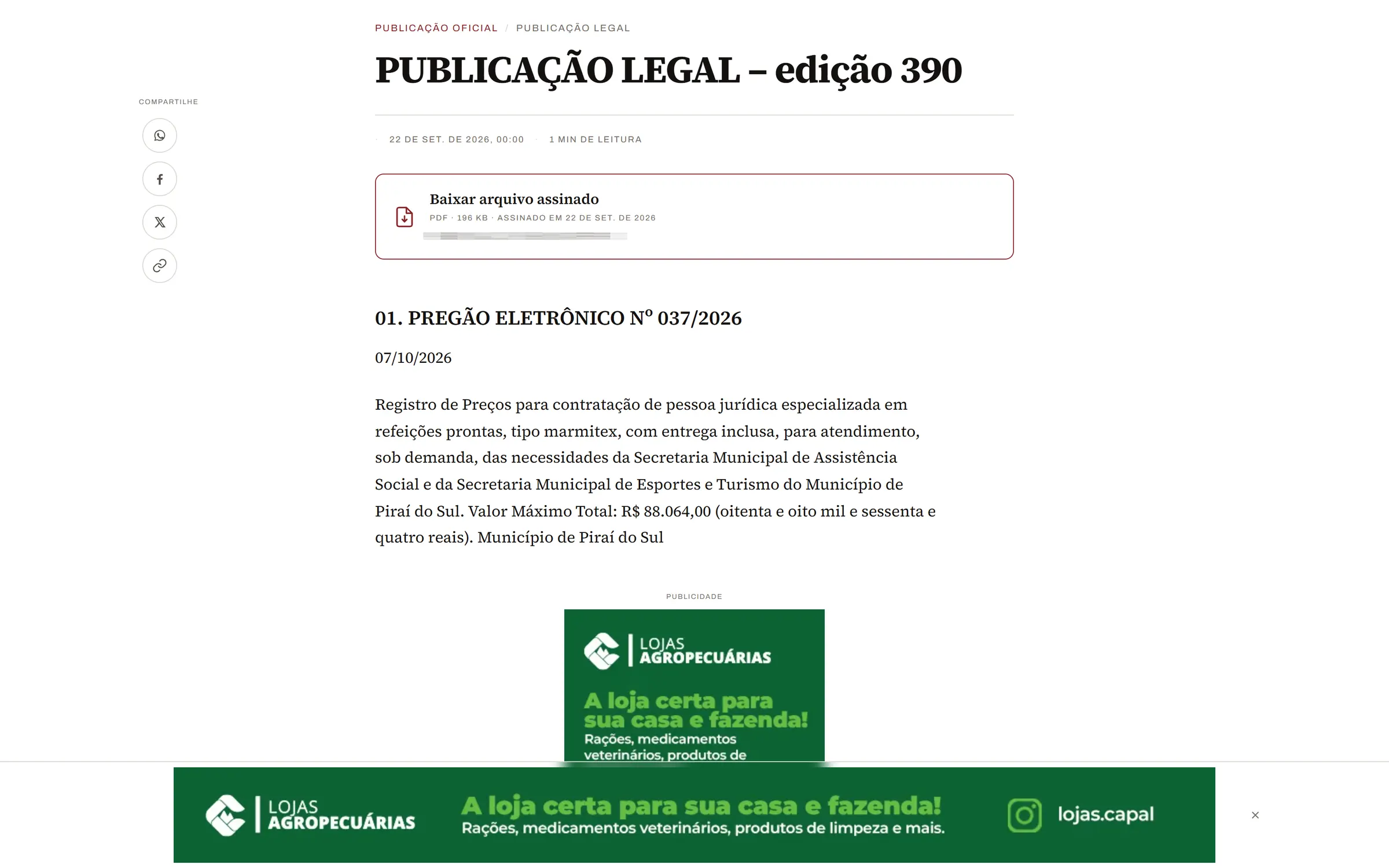 Botão de download do PDF assinado, com peso do arquivo e data da assinatura, acima do texto do edital