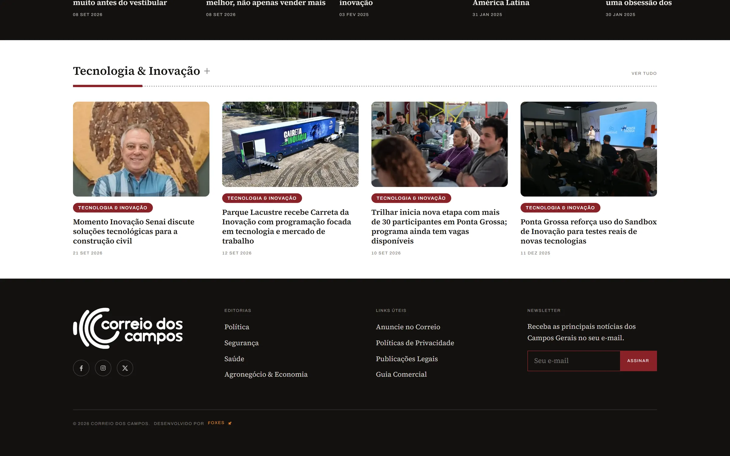 Rodapé do site com editorias, links úteis e newsletter
