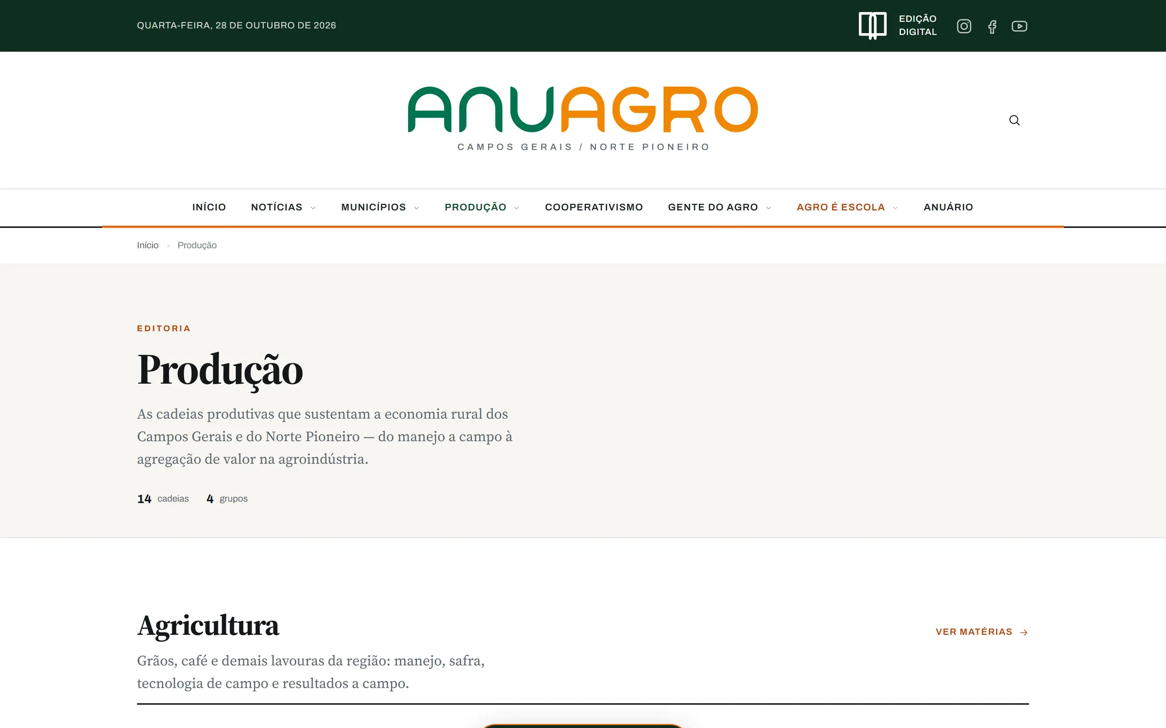 Página de editoria do ANUAGRO, com as matérias da seção Produção