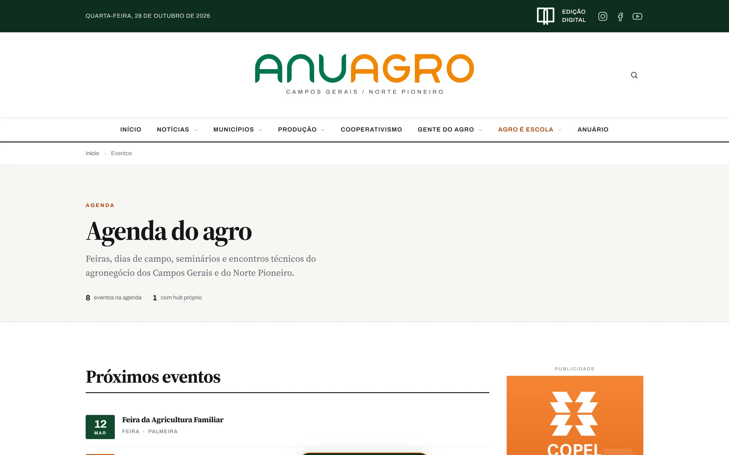 Página de eventos do ANUAGRO