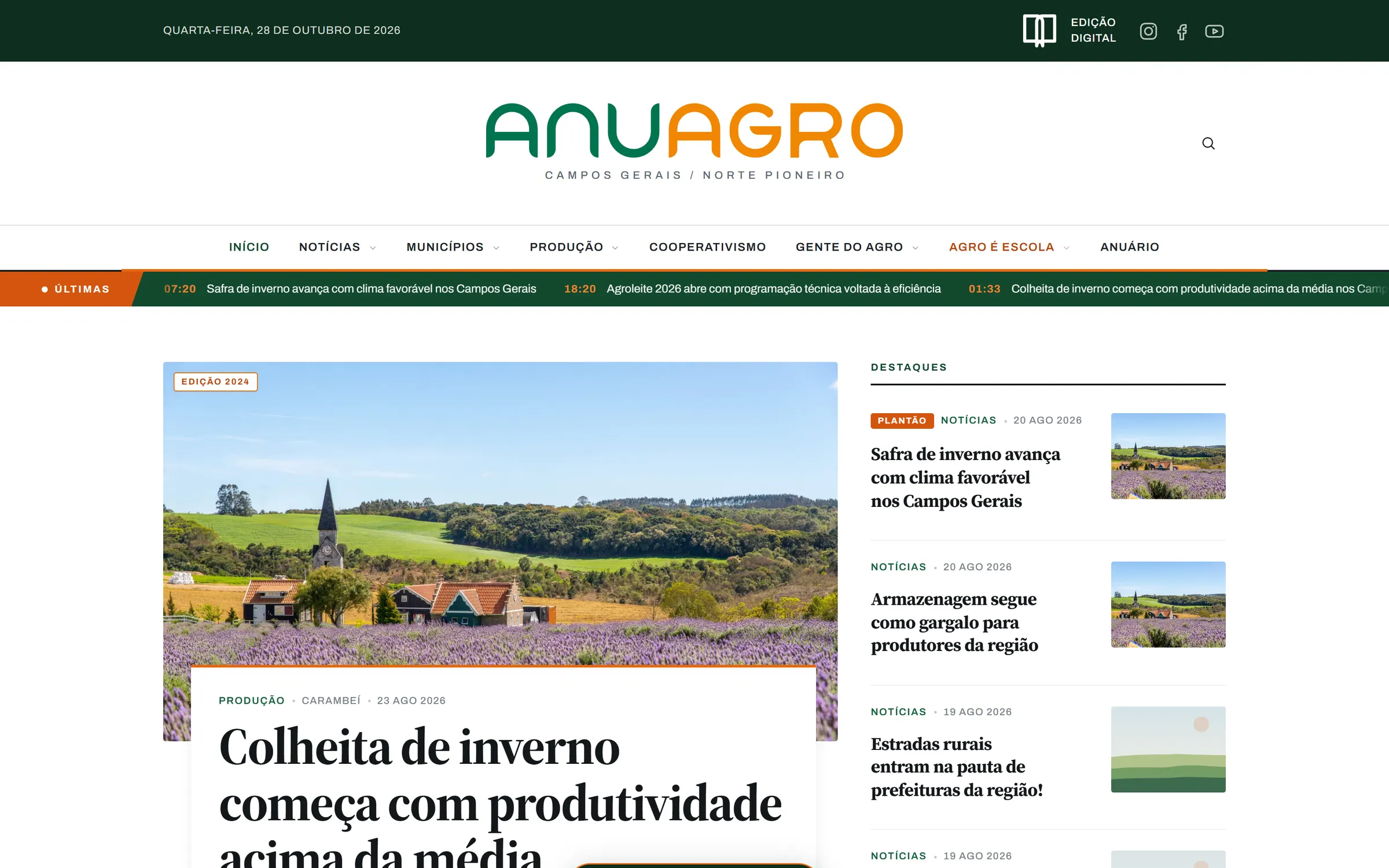 Home do ANUAGRO: faixa de últimas notícias, marca, menu de editorias e a matéria de abertura