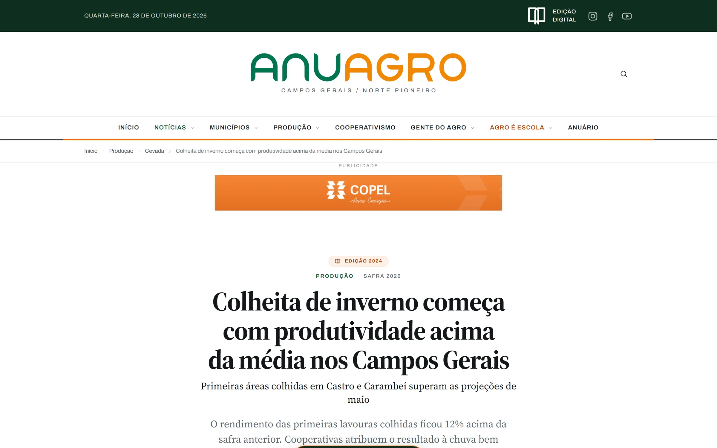 Página de matéria do ANUAGRO, com trilha de navegação, selo de edição, editoria, série e título em serifada
