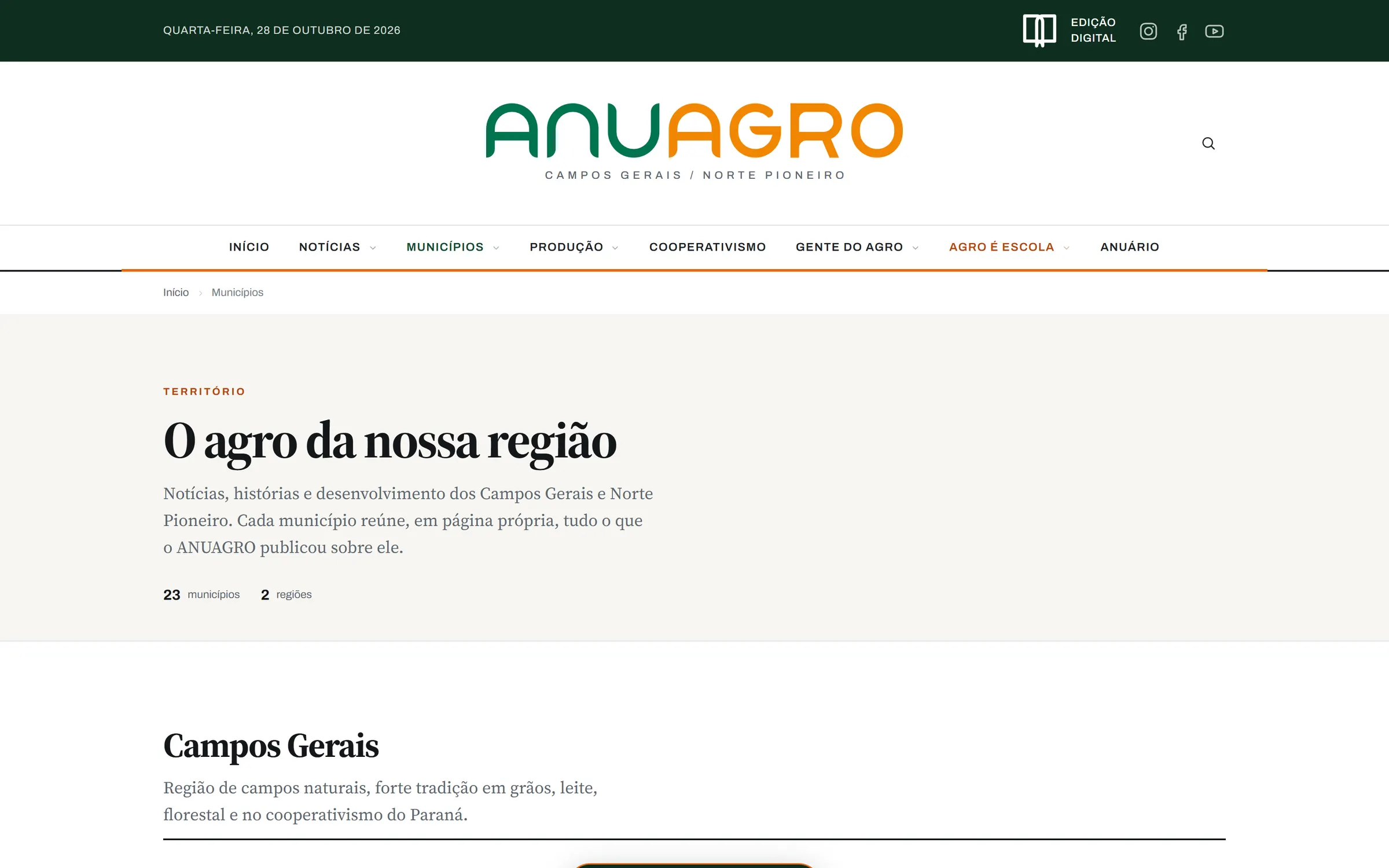 Página de municípios, com os 23 municípios cobertos